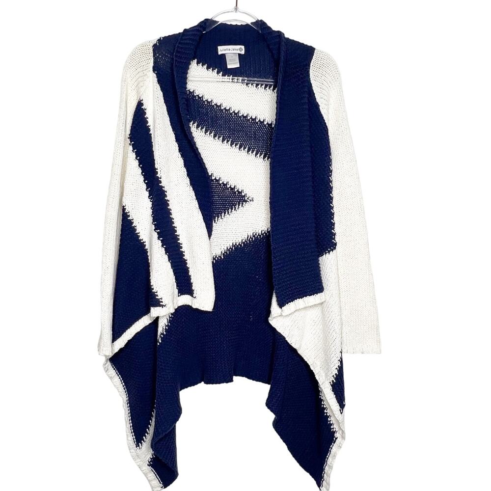 JULIETTE JAKE Asymmetric Hem Cape Cardigan Sweater Color Block Navy White Size S